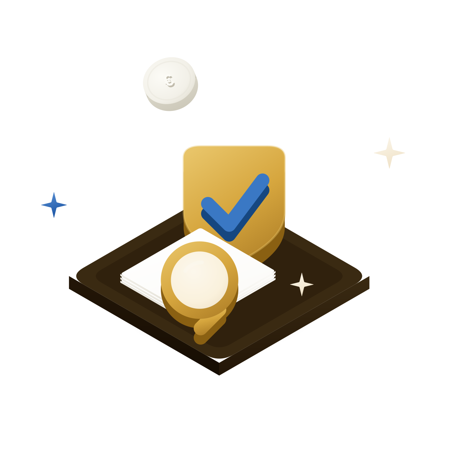 Ilustração 3D isométrica: um documento com uma lupa e um escudo com marca de verificação