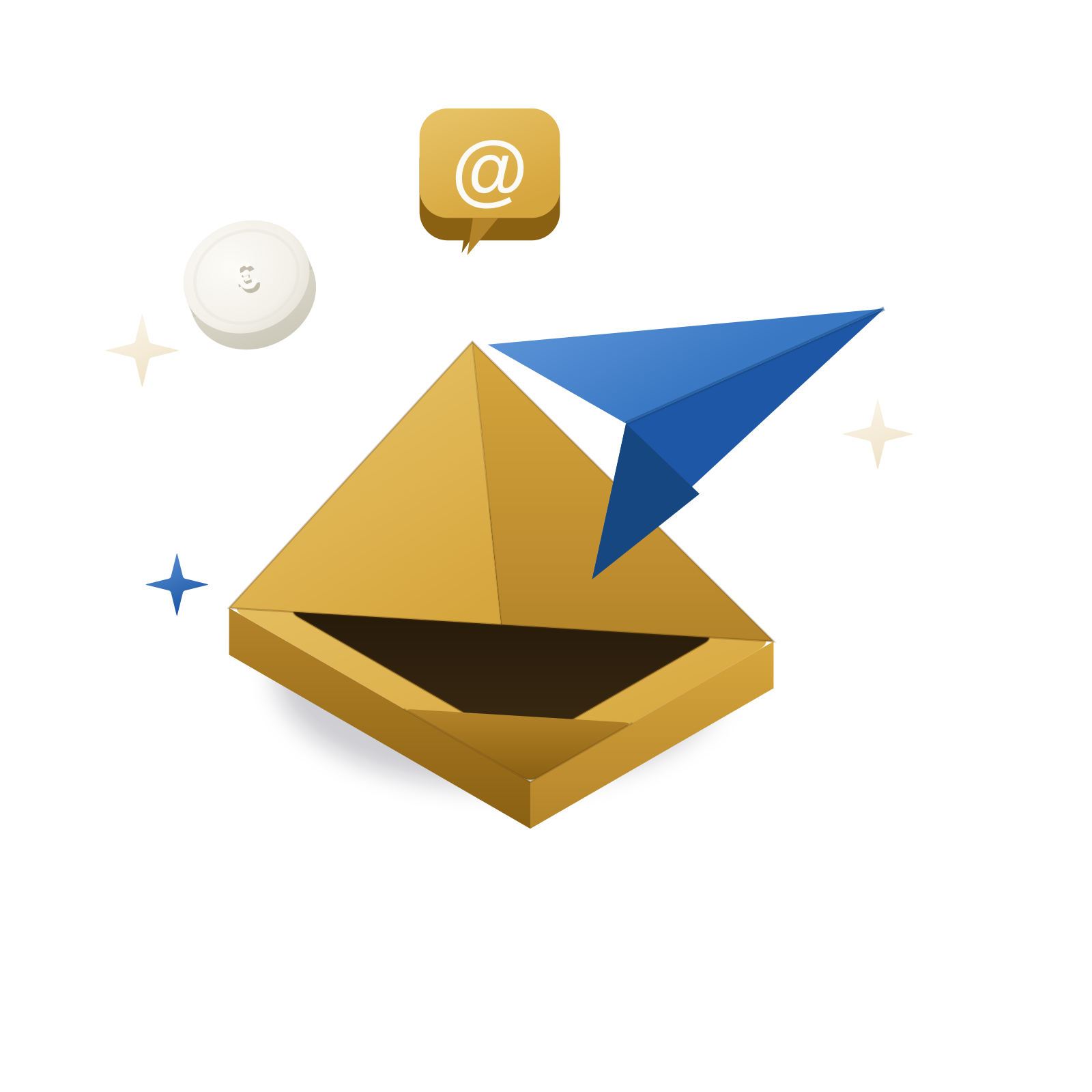 Ilustração 3D isométrica: um envelope aberto com «@» e uma moeda «€»