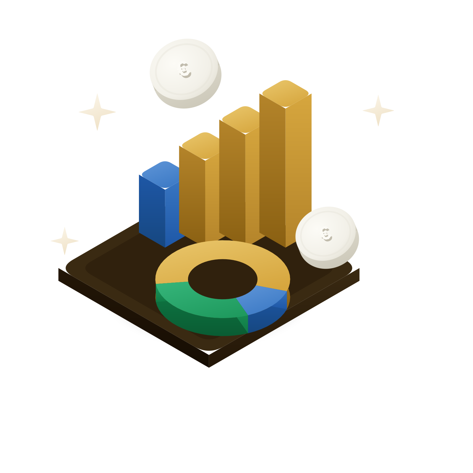 Ilustração 3D isométrica: barras douradas ascendentes e um gráfico circular com moedas «€» sobre um pedestal em tom de talha dourada